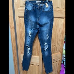 High waist distressed dark wash jeans